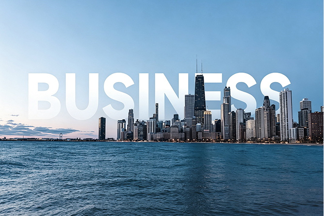 Business skyline over water